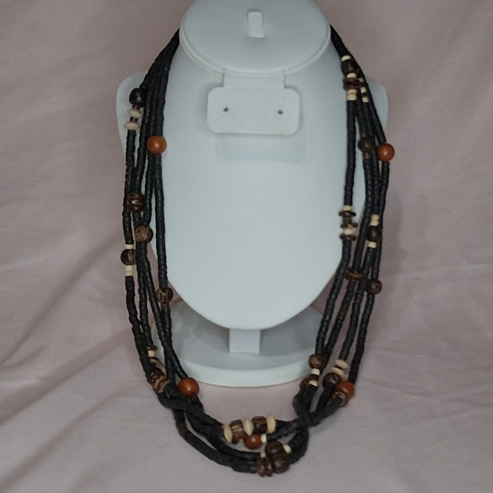 Vintage Chunky Wooden Beaded Black Brown Multistrand Necklace Tribal Ethnic Boho
